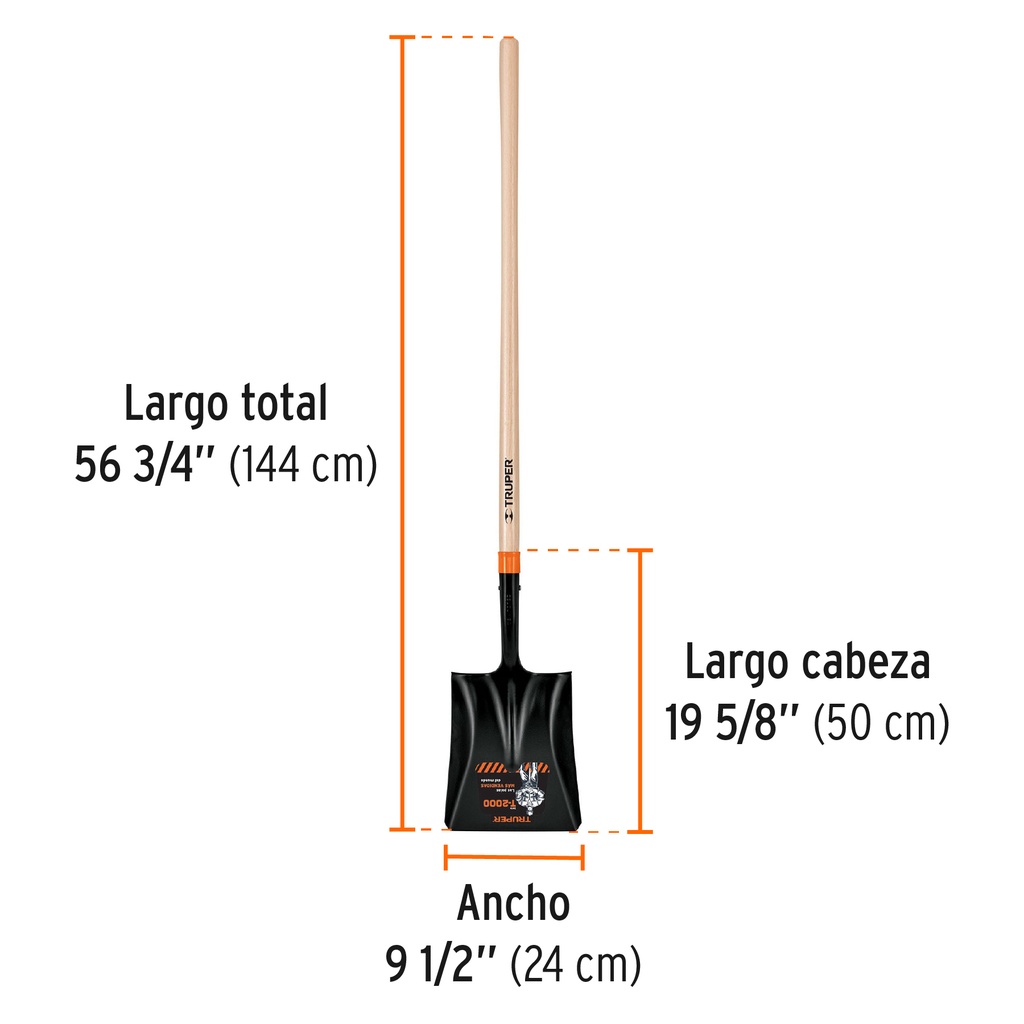 Pala cuadrada T-2000, mango largo 45", Truper